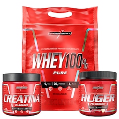 Kit Whey 100% 900g Pouch Morango + Creatina 100% Pura 300g + Huger 320g - Integralmedica - Foto 1