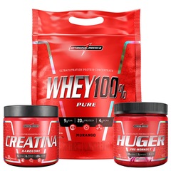 Kit Whey 100% 900g Pouch Morango + Creatina 100% Pura 300g + Huger 320g - Integralmedica - Foto 1