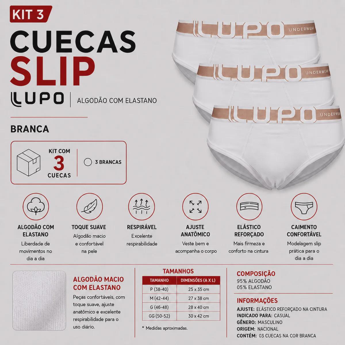 Kit 3 Cuecas Slip Lupo com Elastano Adulto - Foto 2