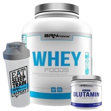 Kit BRN Foods: Whey Foods - Morango - 2kg + Glutamina Baunilha - 250g + Coqueteleira