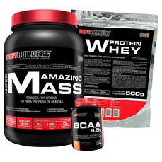 Kit Bodybuilders: Hipercalórico Amazing Mass Chocolate 1,5kg + Whey Protein Chocolate 500g + BCAA 100g