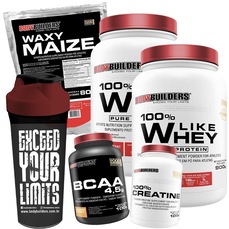 Kit 2x 100% Like Whey Protein Morango 900g + Waxy Maize + BCAA + Creatina + Shaker - Bodybuilders