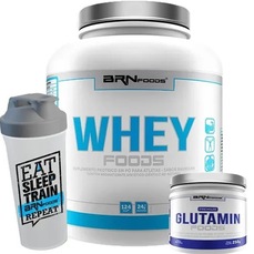 Kit Whey Protein BRN Foods - Morango - 2kg + Glutamina - 250g + Coqueteleira - 600ml