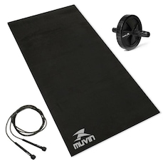 Kit Corda de Pular Ajustável + Roda de Exercícios Abdominais + Colchonete Treino em EVA Muvin