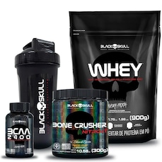 Kit Suplementos Black Skull: Bone Crusher Nitro 2T+ Refil Whey 900g + BCAA 2400 + 1 Coqueteleira