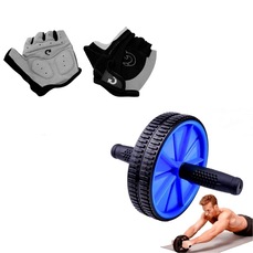 Kit Roda Dupla de Exercício Abdominal e Par de Luvas Gel Treino DK