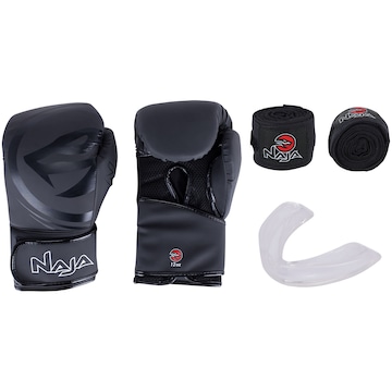 Kit de Boxe Naja: Bandagem + Protetor Bucal + Luvas de Boxe Black - 12 OZ - Adulto