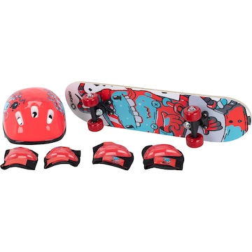 Skate Infantil Spin Monster com Kit Protetor Capacete + 1 Par de Cotoveleira + 1 Par de Joelheira