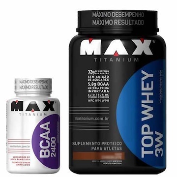 Top Whey 3W Max Titanium - Morango - 900g + BCAA 2400 - 100 Cápsulas