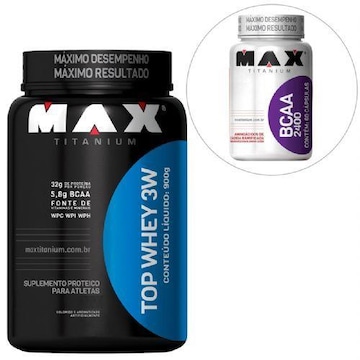 Top Whey 3W Max Titanium - Morango - 900g + BCAA 2400 - 60 Cápsulas