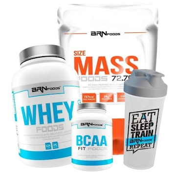 Kit Hipercalórico BRN Foods 3kg + Whey Protein 900g Baunilha + BCAA 100g + Coqueteleira