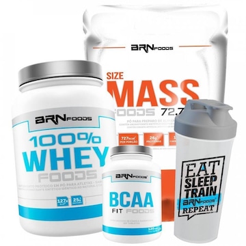 Kit Size Mass BRN Foods - Baunilha - 3kg + 100% Whey Protein - Baunilha + BCAA Fit + Coqueteleira