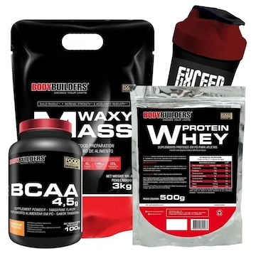 Kit Waxy Mass Bodybuilders Chocolate - 3kg  + Whey Protein 500g Chocolate + BCAA + Coqueteleira