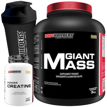 Kit Para Força: Hipercalórico Giant Mass Bodybuilders Chocolate 3kg + Creatina + Coqueteleira