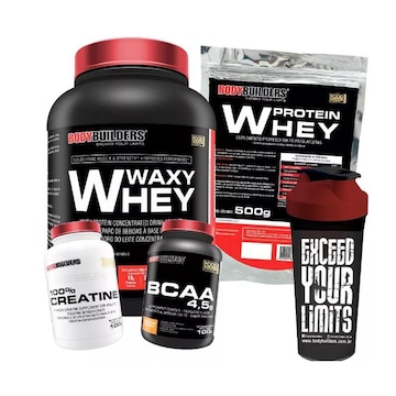 Kit Whey Protein Waxy Bodybuilders - Morango - 900g + Whey Protein + BCAA + Creatina + Coqueteleira