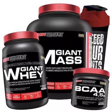 Kit Giant Mass Bodybuilders - 3kg + Giant Whey + Bcaa 4.5 Powder + Coqueteleira