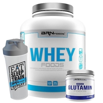 Kit BRN Foods: Whey Foods Chocolate - 2kg + Glutamina Baunilha - 250g + Coqueteleira