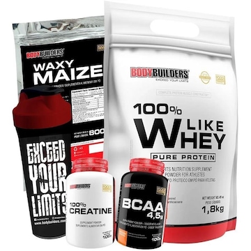 Kit Bodybuilders: 100% Like Whey - Morango - 1,8kg + Waxy Maize - 800g + BCAA - Tangerina - 100g + Creatina - 100g + Coqueteleira