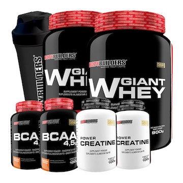 Kit 2x Giant Whey - Choc/Mor - 900g + 2x Creatina - 100g + 2x BCAA - Tang - 100g + Coqueteleira