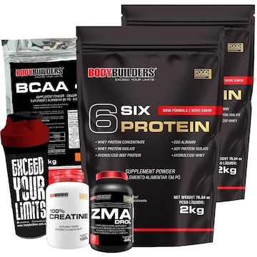 Kit 2x 6 Six Protein Bodybuilders Chocolate - 2kg + BCAA - 1kg + Creatina + ZMA + Coqueteleira