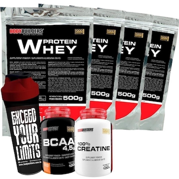 kit 4 Whey protein Bodybuilders - Morango - 500g + Bcaa + Creatina + Coqueteleira