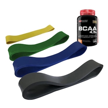 Kit Faixa Elástica Prottector Rubber Band (Tensão Leve +  Médio + Forte + Extra Forte) + Bcaa Bodybuilders Tangerina - 100g