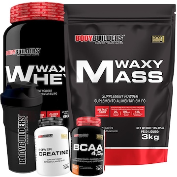 Kit Waxy Mass Bodybuilders - Chocolate - 3kg + Whey Protein - Chocolate - 900g + Creatina + BCAA + Coqueteleira