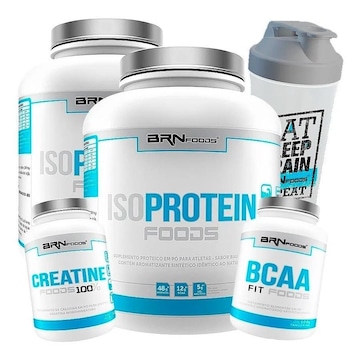 Kit 1x Iso Protein BRN Foods - Mor 2kg + 1x Iso Protein Chocolate - 2kg + Bcaa Fit - Tangerina - 100g + Creatina - 100g + Coqueteleira