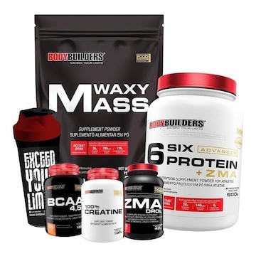 Kit Waxy Mass Bodybuilders - Morango - 3kg + Six Pote - Morango - 900g + ZMA + BCAA - 100g + Coqueteleira