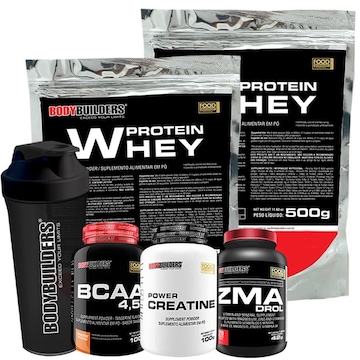 Kit  Bodybuilders 2x Whey Protein Morango - 500g + Creatina 100g + BCAA 100g + ZMA + Coqueteleira