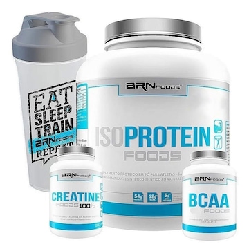 Kit Whey Protein Isolado BRN Foods Baunilha - 2kg + BCAA 100g + Creatina 100g + Coqueteleira