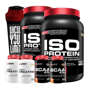 Kit 2x Iso Protein Mor 900g + 2x Creatina 100g + 2x BCAA 100g Tang + Coqueteleira - Bodybuilders