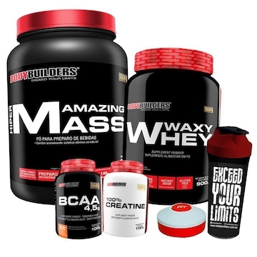 Kit Waxy Whey Bau 900g + Amazing Mass Bau 1,5kg + BCAA 100g Tang + Creatina 100g + Coqueteleira + P