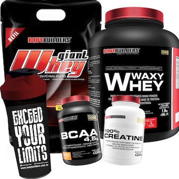 Kit Giant Whey Chocolate Refil 2kg + Waxy Whey 2kg +  BCAA 100g + Creatina 100g + Coqueteleira - BB