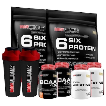 Kit Six Protein Bodybuilders - Morango - 900g + Six - Baunilha + BCAA - 2 potes + Creatina - 2  potes + Shaker - 2 unidades