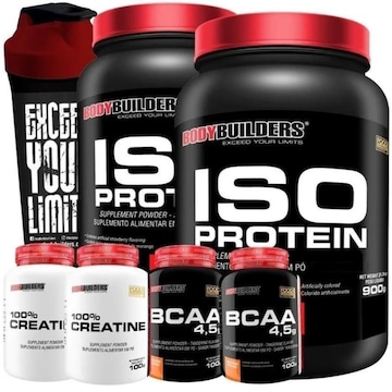 Kit 2x Whey Protein Isolado Bodybuilders - Baunilha - 900g + BCAA - 2 potes + Creatina - 2 potes + Shaker