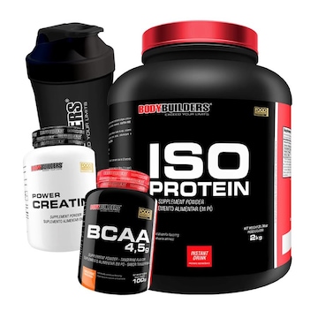 Kit Whey Protein Isolado Chocolate 2kg + BCAA 100g + Creatina 300g + Coqueteleira - Bodybuilders