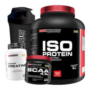 Kit Bodybuilders Whey Protein Isolado Chocolate 2kg + BCAA 250g + Creatina 300g + Coqueteleira