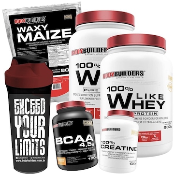 Kit 2x 100% Like Whey Protein Morango 900g + Waxy Maize + BCAA + Creatina + Shaker - Bodybuilders