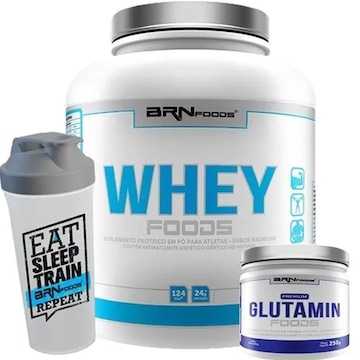 Kit Whey Protein BRN Foods - Baunilha - 2kg + Glutamina - 250g + Coqueteleira - 600ml