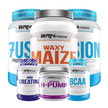 Kit 2x Whey Protein BRN Foods 900g Morango + Waxy Maize + BCAA + H Pump + Creatina