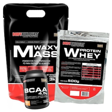 Kit Bodybuilders Hipercalórico Waxy Mass Morango 3kg + Whey Protein Morango 500g + BCAA 100g