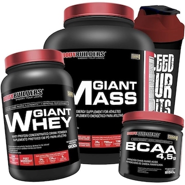 Kit Bodybuilders Hipercalórico Giant Mass Morango 3kg + Whey Protein Morango 900g + BCAA 250g + Coqueteleira