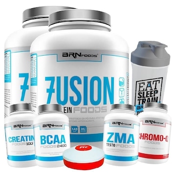 Kit 2x Whey Protein BRN Foods - Chocolate - 2kg - 2 Unidades + BCAA + Creatina + Chromo + ZMA + Coqueteleira