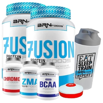 Kit 2x Whey Protein BRN Foods - Morango - 900g + BCAA + ZMA + Cromo + Coqueteleira + Porta Cápsula