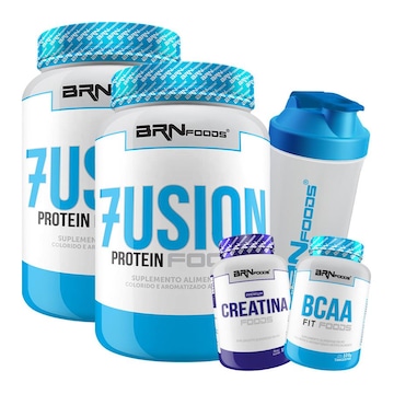 Kit BRN Foods 2x Whey Protein Fusion 900g Morango + BCAA 100g + Creatina 100g + Coqueteleira