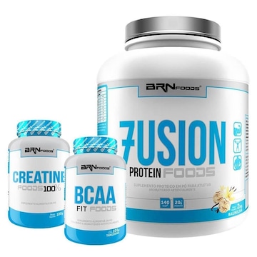 Kit BRN Foods Whey Protein Fusion 2kg Baunilha  + BCAA 100g + Creatina 100g