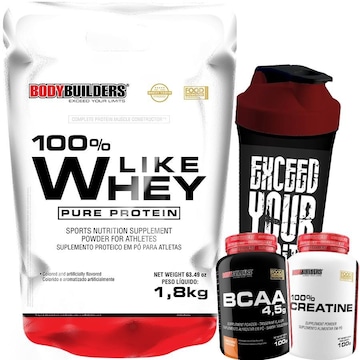 Kit 100% Whey Protein 1,8kg Baunilha + Creatina + Bcaa + Coqueteleira - Bodybuilders