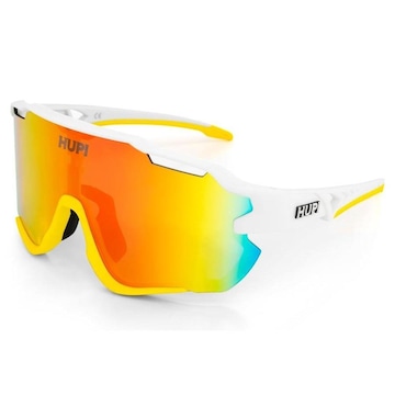 Óculos de Sol Esportivo Hupi Tunder Branco e Amarelo Lente Vermelho Espelhado Proteção UV - Unissex