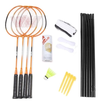 Kit Badminton Vollo: 4 Raquetes + 3 Petecas de Nylon Rede + Suporte